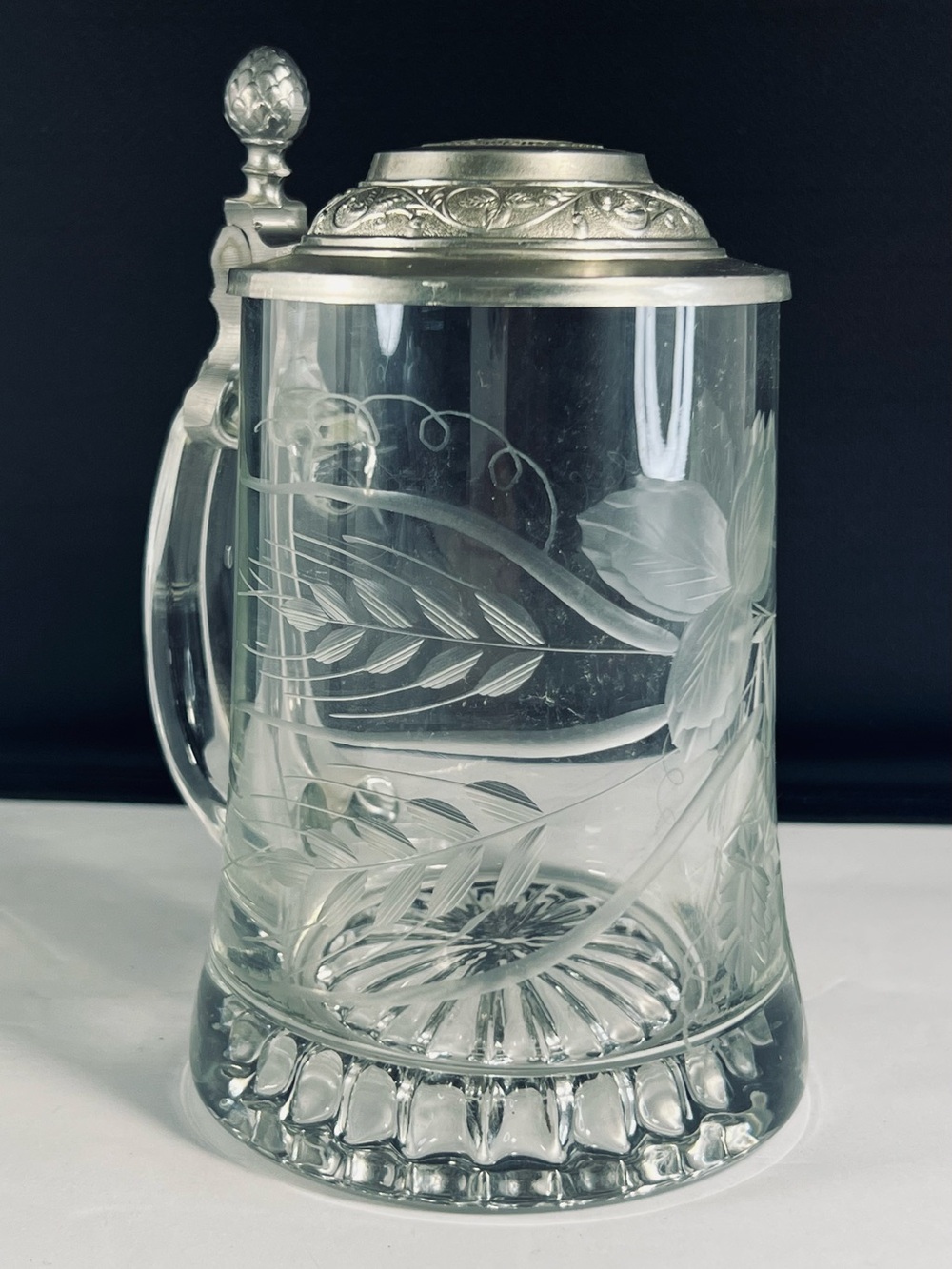 Vintage German Warsteiner Pilsner Etched Glass Beer Mug with Pewter Lid 5"